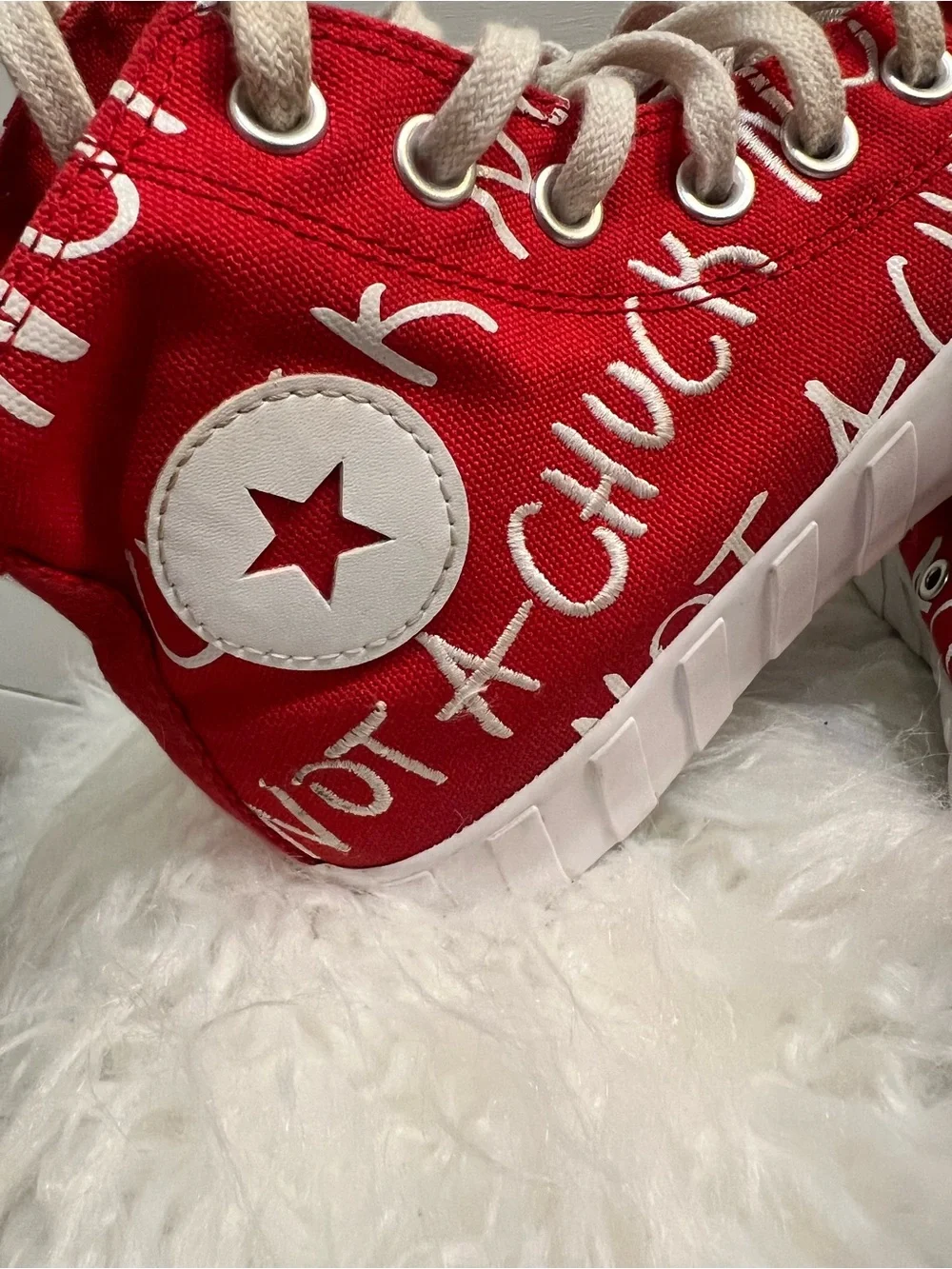 Converse Kids Red and White High-Top Sneakers with Graphic Script Not A Chuck